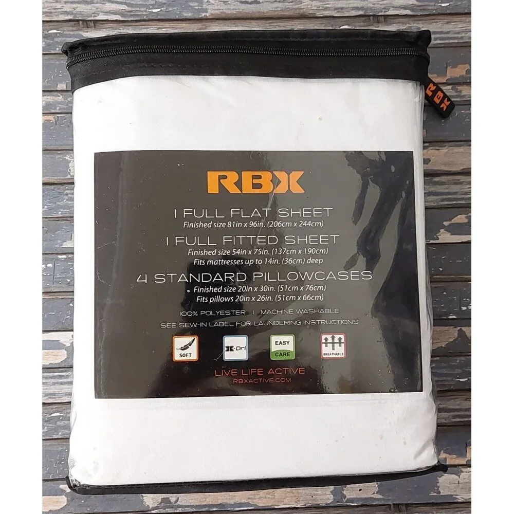 RBX Brand NEW Full Sheet Set in White 6 Piece Flat, Fitted, 4 Pillowcases